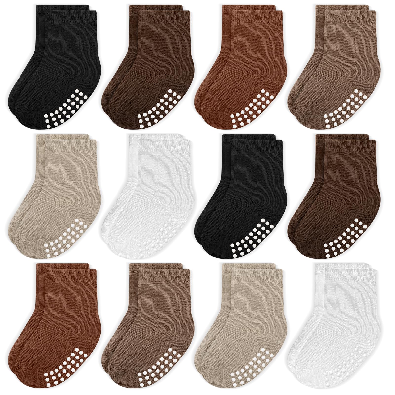 Jakidar 12 Pack Baby Socks Cotton Crew Toddler Socks Grips Non Slip Bottom Kids Socks, Khaki Dark Brown Latte Color 2-4T