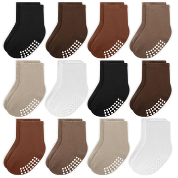 Jakidar 12 Pack Baby Socks Cotton Crew Toddler Socks Grips Non Slip Bottom Kids Socks, Khaki Dark Brown Latte Color 2-4T