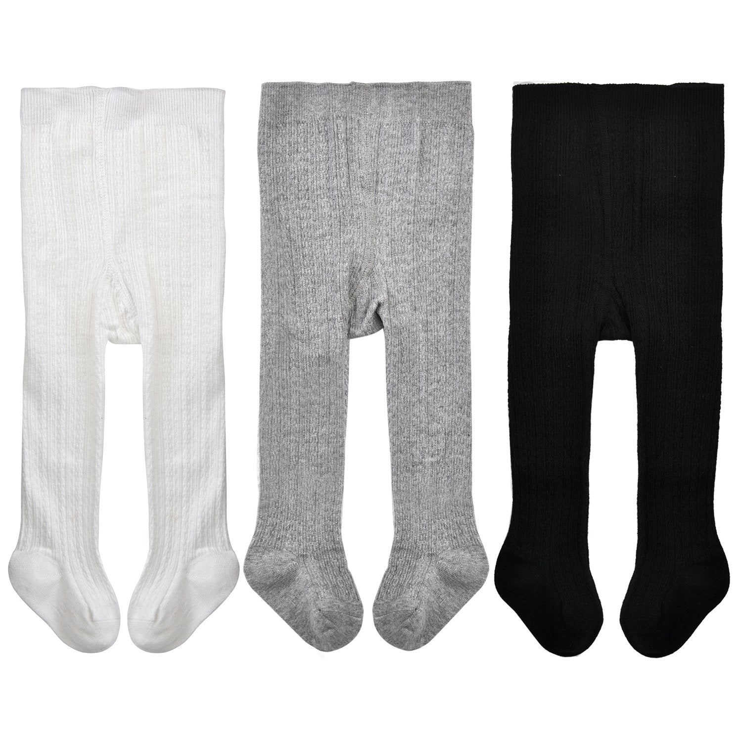 Epeius Infants Baby Girls Seamless Cable Knit Solid Cotton Tights For 6-12 Months,White/Black/Grey (Pack Of 3)