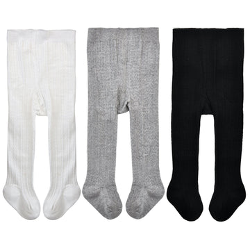 Epeius Infants Baby Girls Seamless Cable Knit Solid Cotton Tights For 6-12 Months,White/Black/Grey (Pack Of 3)