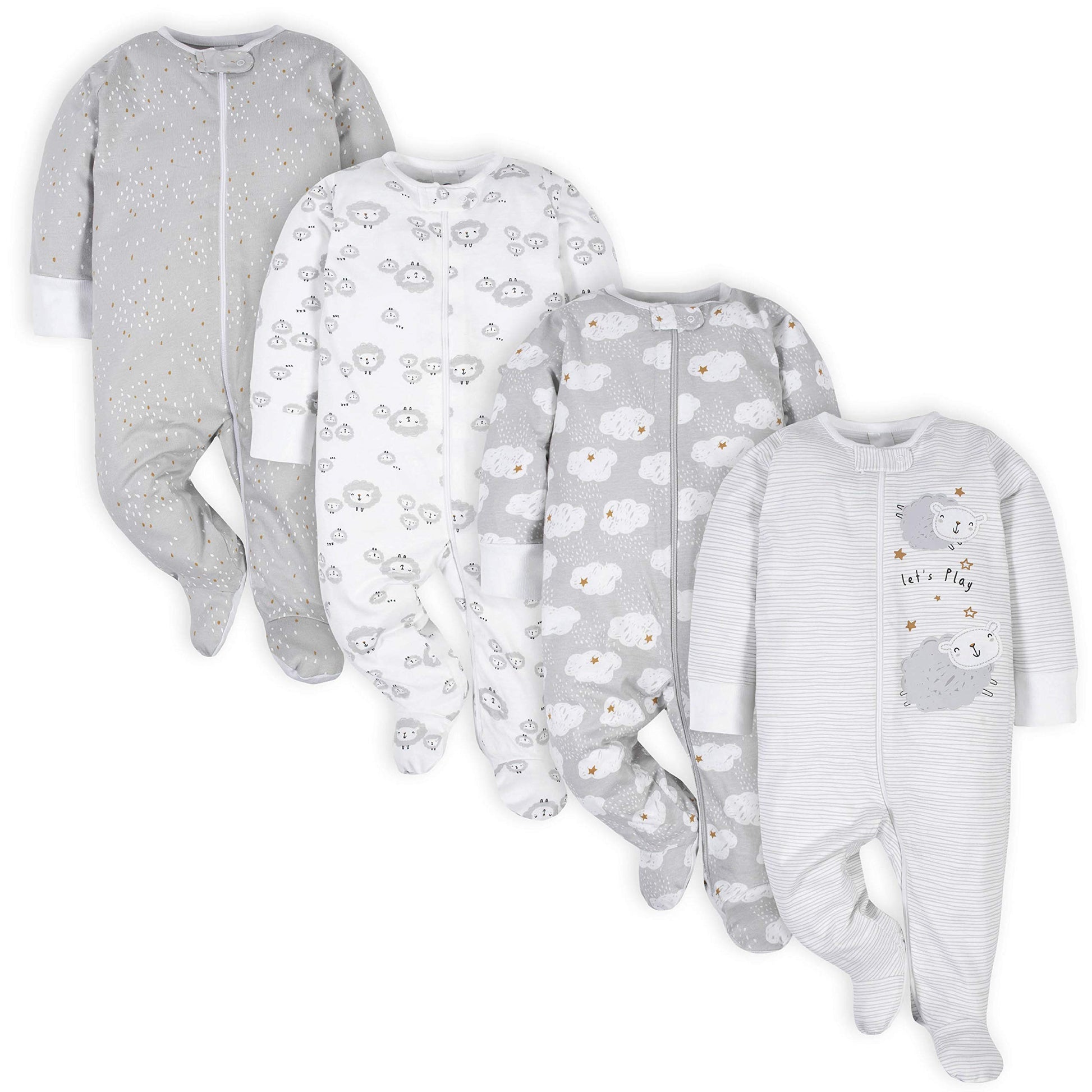 Gerber Unisex Baby 4 Pack Sleep 'N Play Footie Sheep Grey 0-3 Months