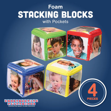 Constructive Playthings Customizable Stacking Block Toys with Photo Pockets for Ages 12 Months+, Toddler Soft Foam Building Bloc