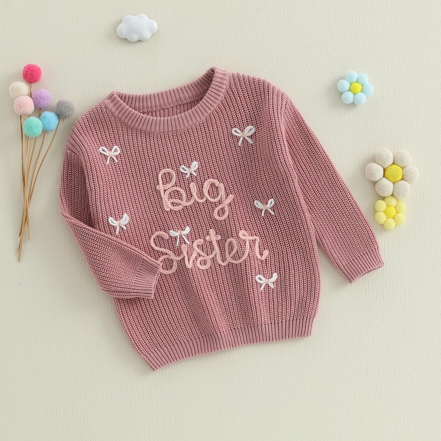 Amnnchya Toddler Infant Baby Girl Knit Sweater Big Sister Little Sister Matching Outfits Long Sleeve Pullover Sweatshirt (Colorf