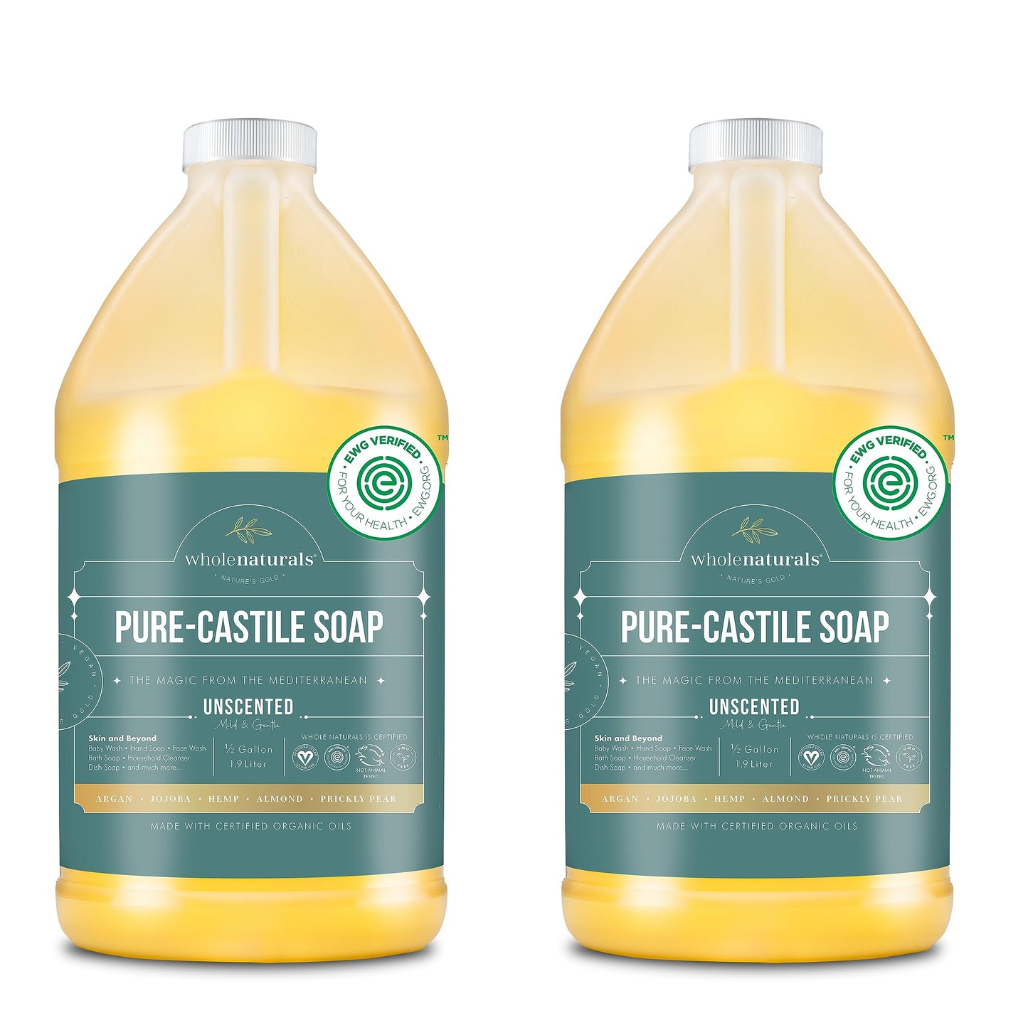 WHOLENATURALS Pure Castile Soap Liquid Unscented, EWG Verified & Certified Palm Oil Free-1 gallon (64oz x2 bottles) Natural Soap