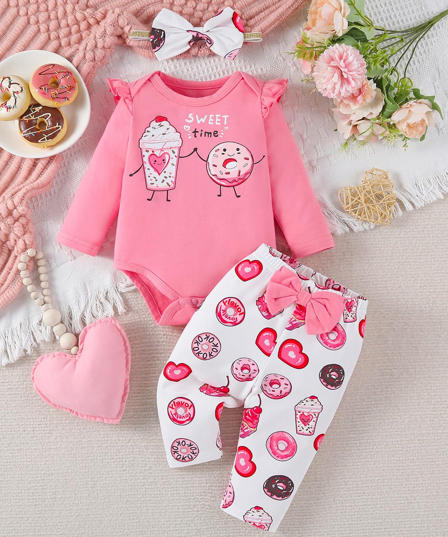 Baby Girl Clothes Gifts Outfits Spring Fall Winter Long Sleeve Romper And Pant Set Pink Cake/Donut 6-12 Months