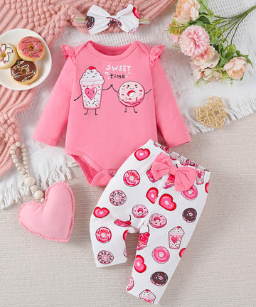 Baby Girl Clothes Gifts Outfits Spring Fall Winter Long Sleeve Romper And Pant Set Pink Cake/Donut 6-12 Months