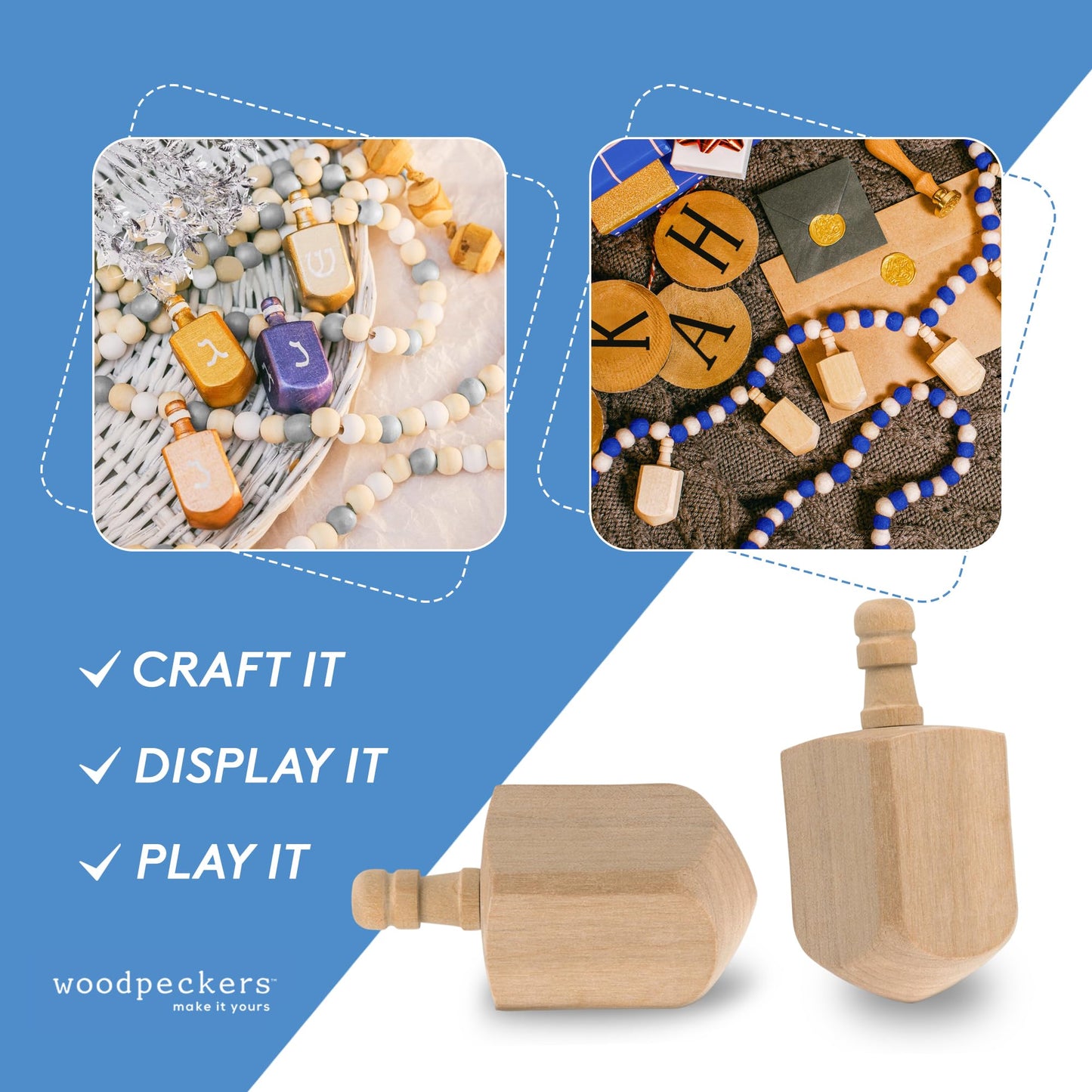 Wooden Dreidels Unfinished, Large 2-1/2 X 1 Inch, Pack Of 25 Blank Wooden Dreidels To Paint, Perfect For Hanukkah Decorations, C