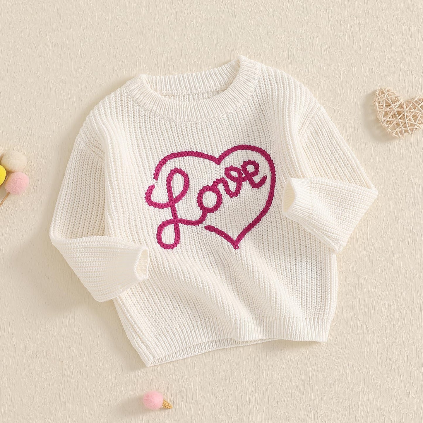 Nokpsedcb Baby Girl Cute Long Sleeve Heart Flowers Embroidery Oversized Sweater Toddler Valentine Outfit (White Love, 12-18 Mont