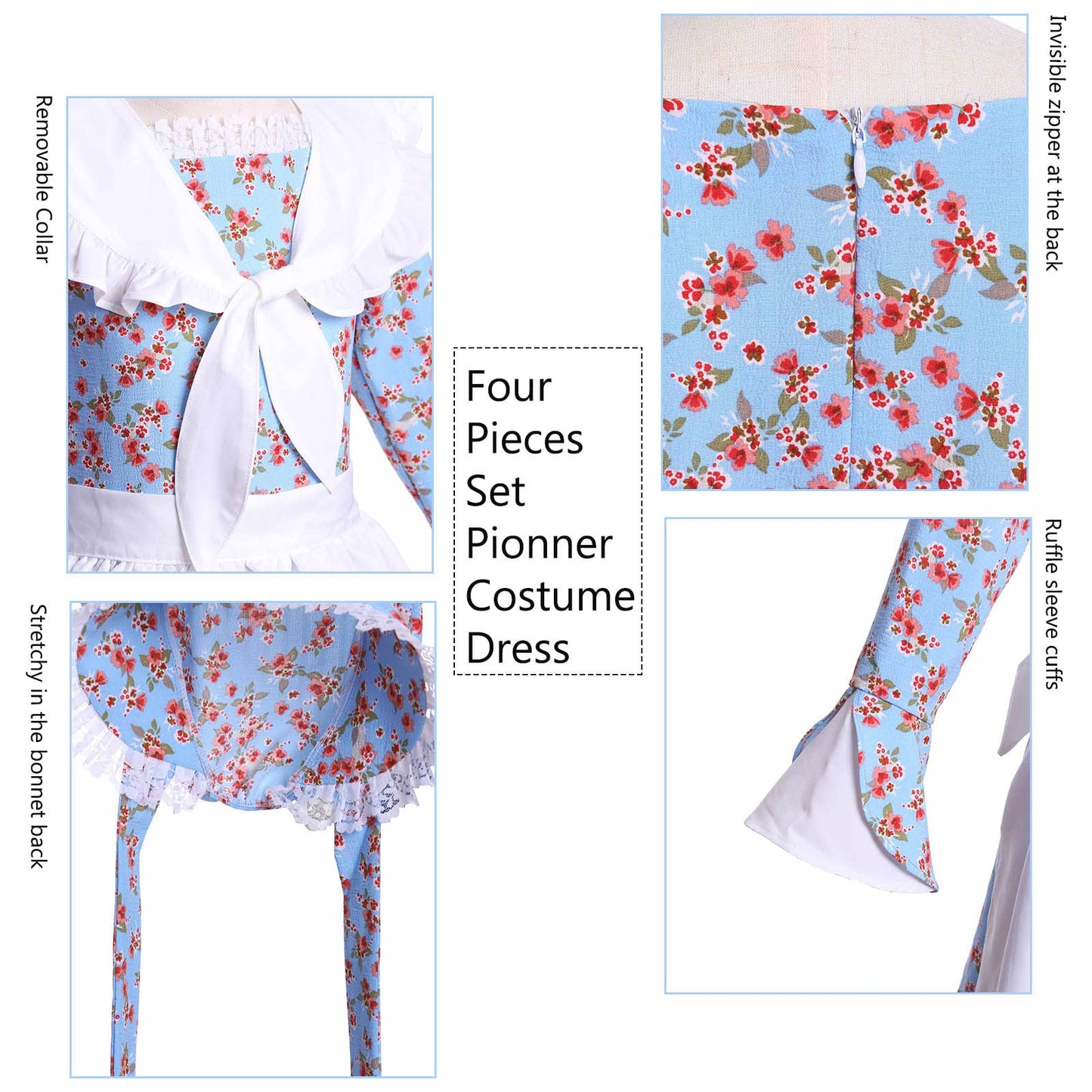 Vibsion Girls Prairie Pioneer Costume Pilgrim Dress Kids Floral Colonial Village Girl Costume Bonnet Apron Set Blue Xxl