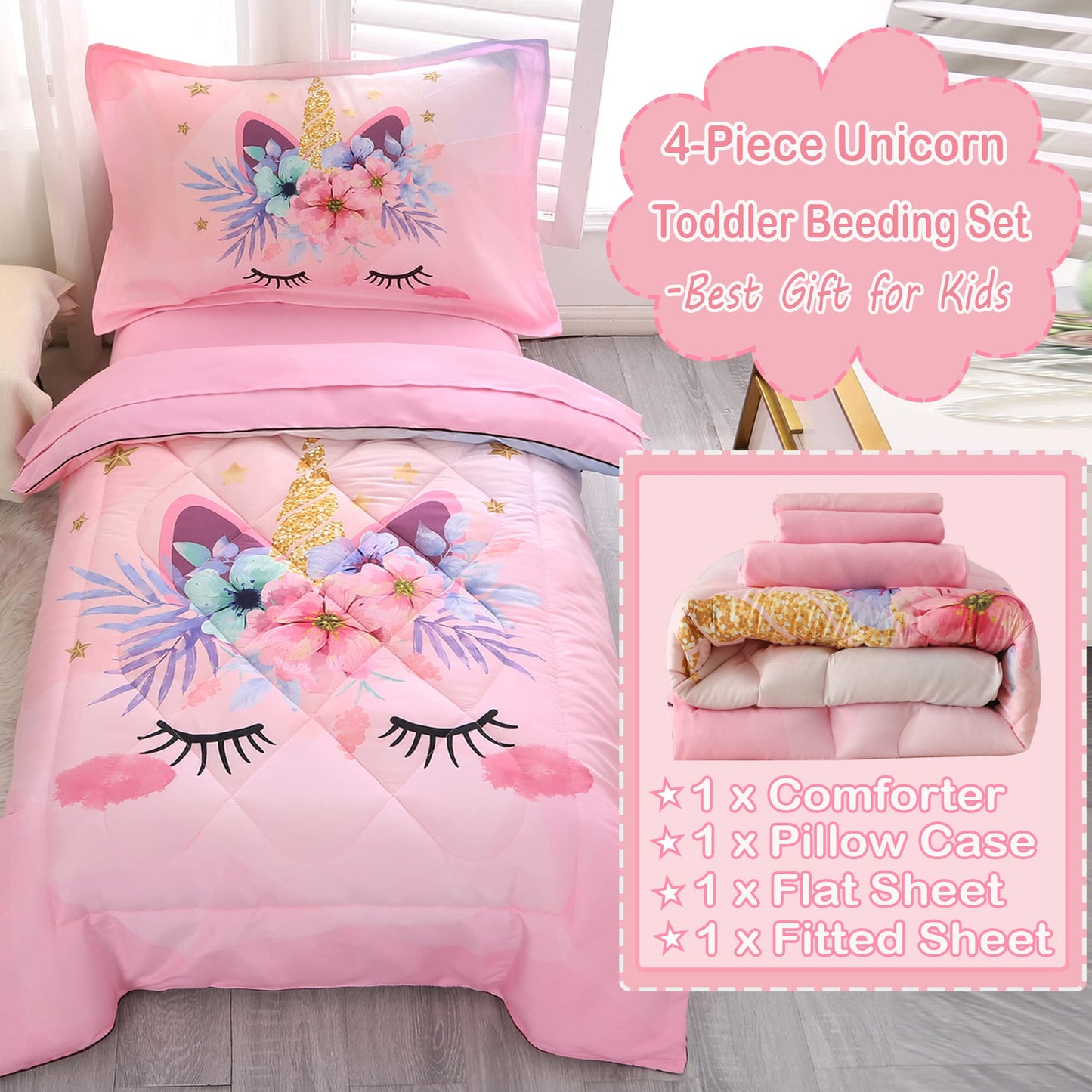 Toddler Bedding Set For Girls 4 Piece Pink Cartoon Unicorn Toddler Comforter Set For Baby Kids Crib Toddler Bed Sheet Set Bed-In
