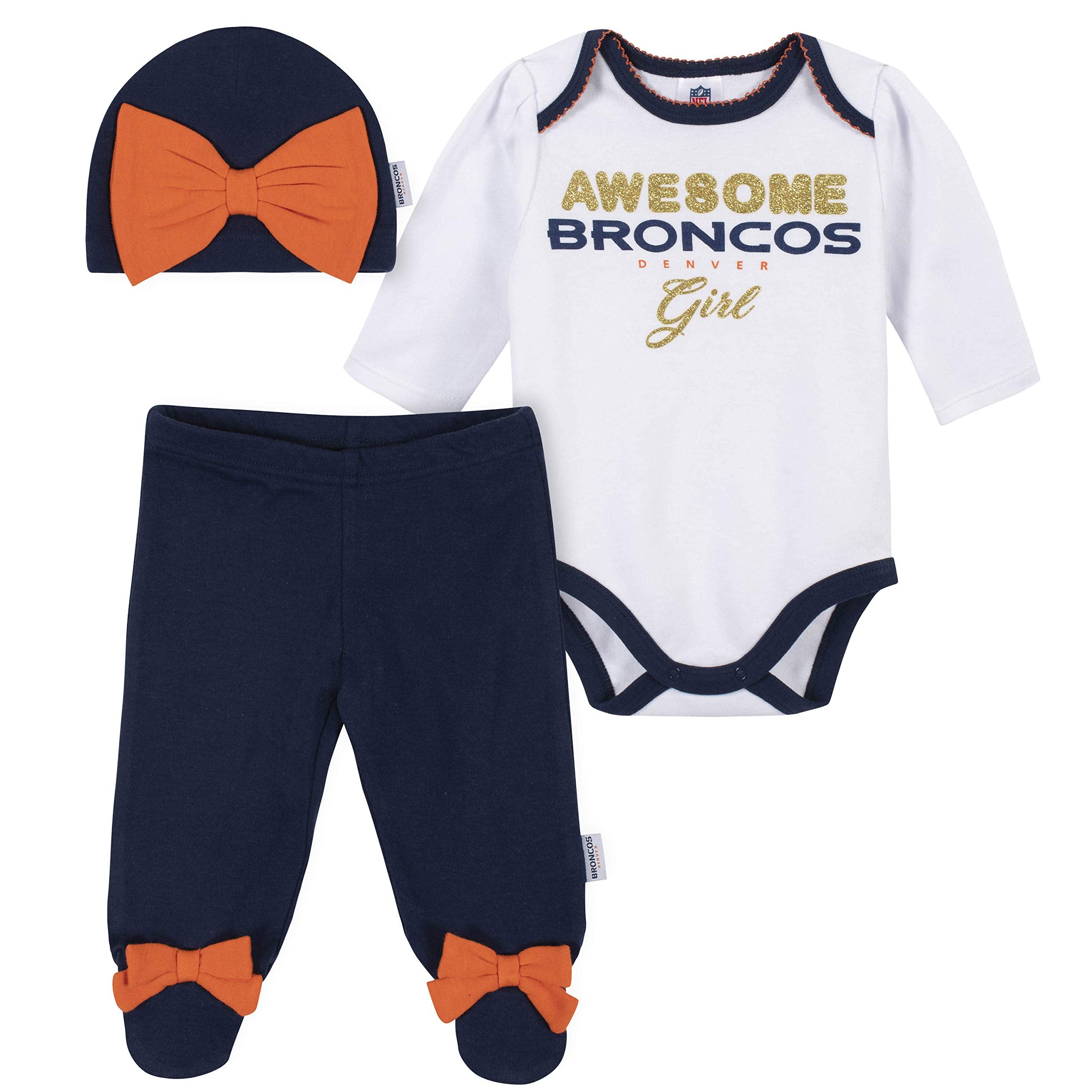 Nfl Denver Broncos 3 Pack Bodysuit Footed Pant And Cap Registry Gift Set, Bluewh WBBAPB07VDTLZ4C