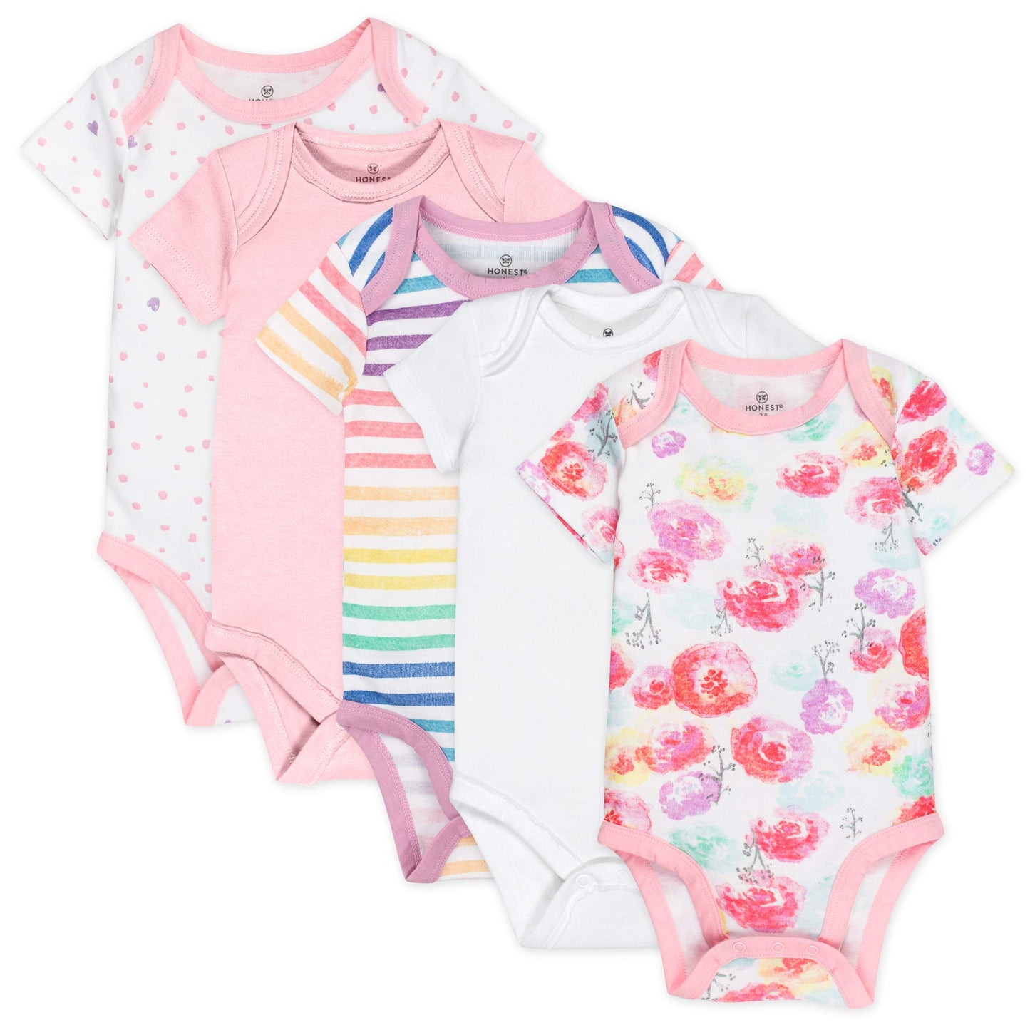 Honestbaby Unisex Baby Organic Cotton Short Sleeve Bodysuits Multipack And Toddler T Shirt Set, 5 Pack Rose Blossom, Newborn Us
