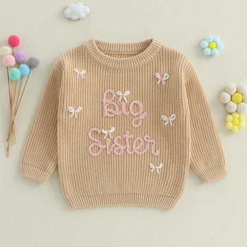 Amnnchya Toddler Infant Baby Girl Knit Sweater Big Sister Little Sister Matching Outfits Long Sleeve Pullover Sweatshirt (Khaki
