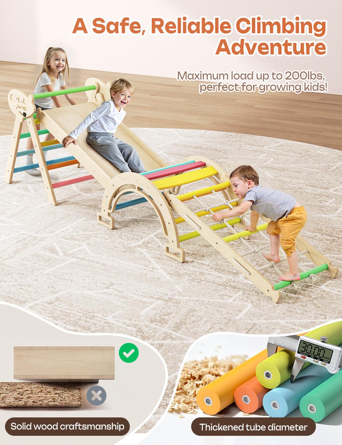 Twinkoo 8 In 1 Pikler Triangle Set, Foldable Toddler Baby Climbing Toys, Solid Wooden Montessori Climbing Set, Baby Climber Indo