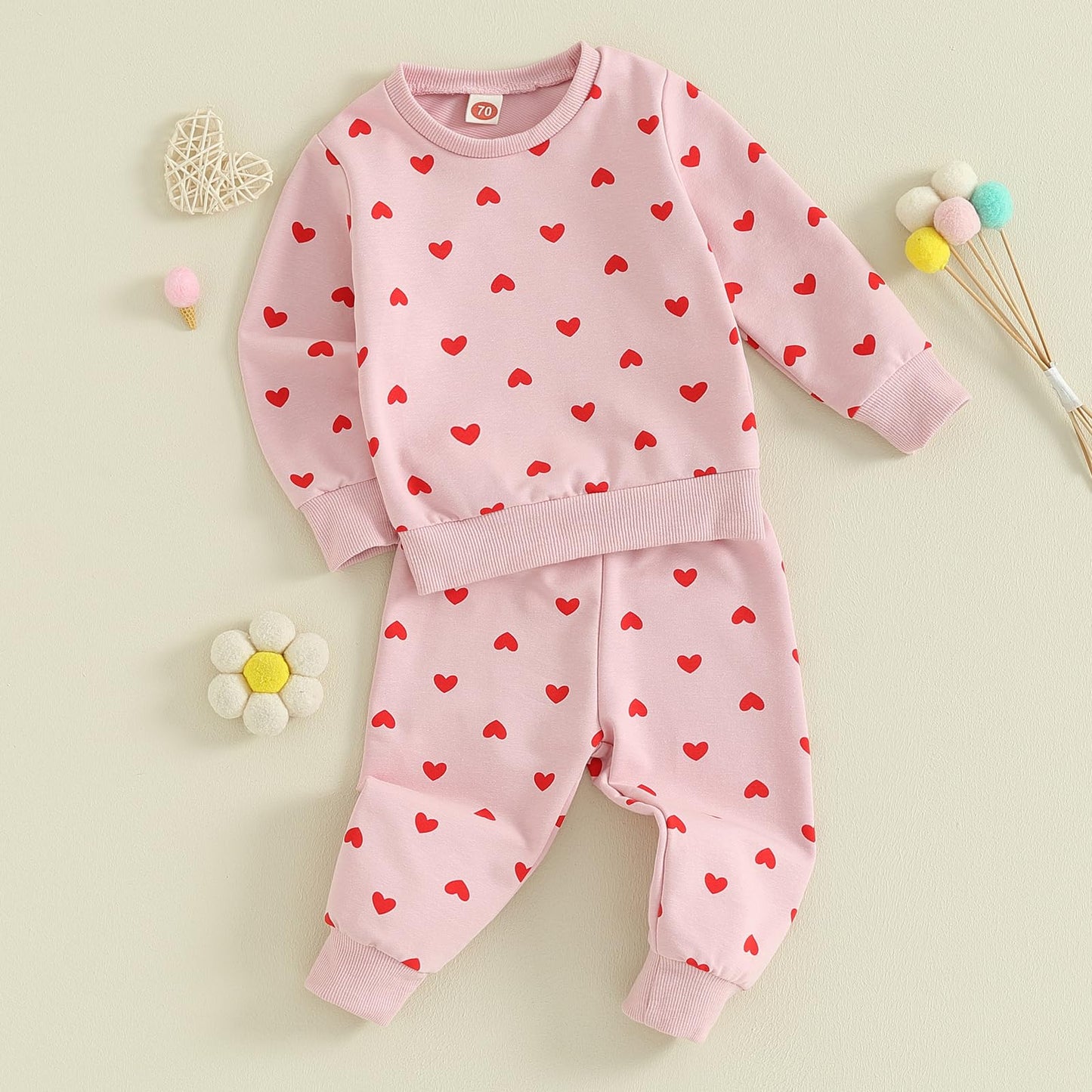 Nokpsedcb Baby Boy Girl Cute Letter Embroidery Long Sleeve Sweatshirt And Elastic Long Pants Toddler Valentine Outfits (Pink Hea