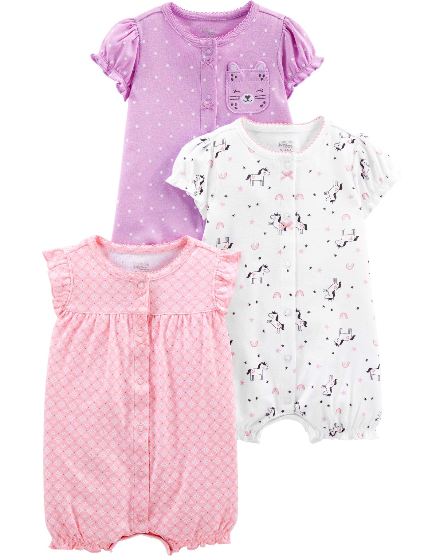 Simple Joys by Carters Baby Girls 3-Pack Snap-up Rompers Pants, owl/Unicorn/kitty, Newborn