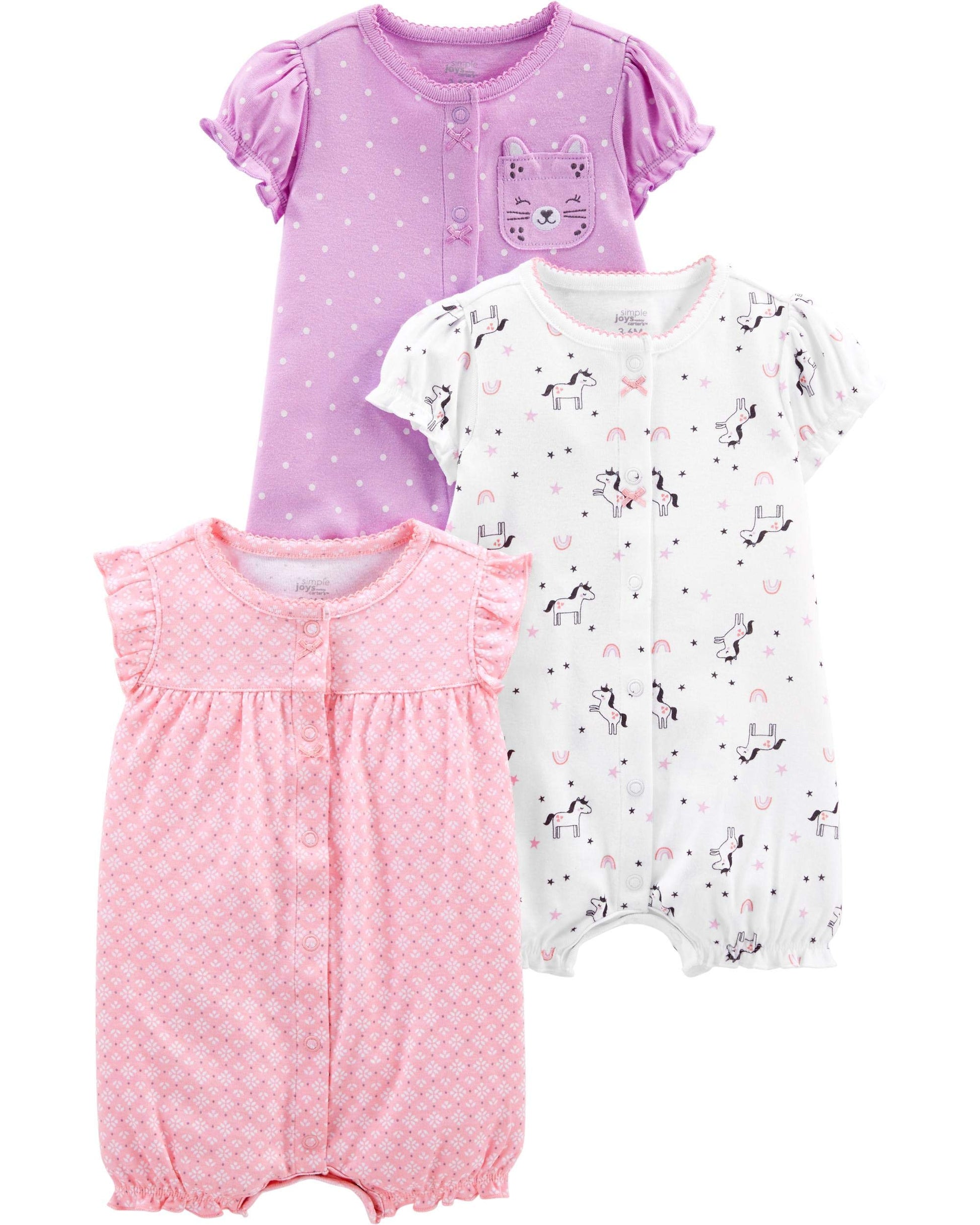 Simple Joys by Carters Baby Girls 3-Pack Snap-up Rompers Pants, owl/Unicorn/kitty, Newborn