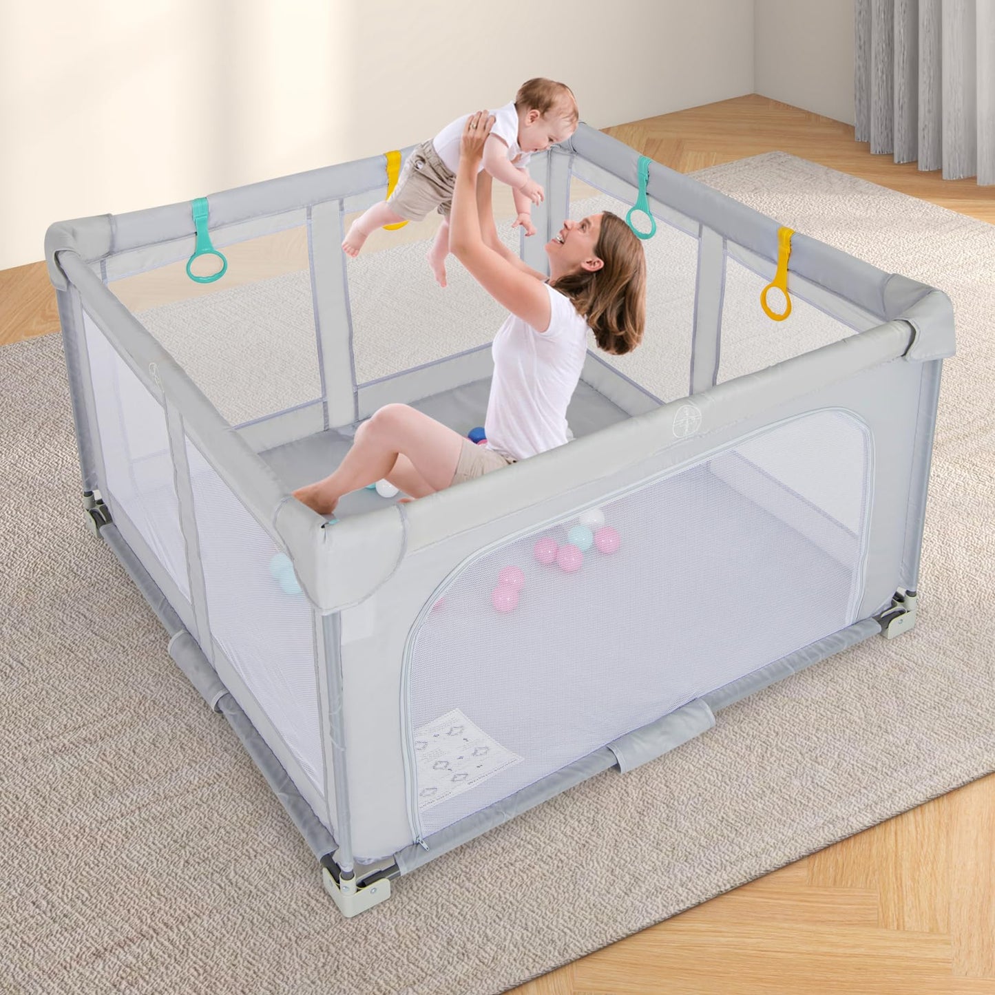 Costzon Foldable Playpen For Babies, 59''X59'' Portable Baby Playpen With 50 Pcs Ocean Balls, 4 Handles, Carry Bag, Visible Mesh