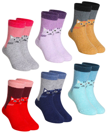 Children'S Winter Warm Wool Solid Color Socks Kids Boy Girls Thermal Crew Socks 6 Pairs (6 Pairs Cat, 4-7 Years)