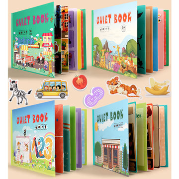 MIKNEKE 4 Pack DIY Busy Book for Toddlers, Montessori Busy Book for Kids to Develop Learning Skills, Quiet Book, Animal Vehicle