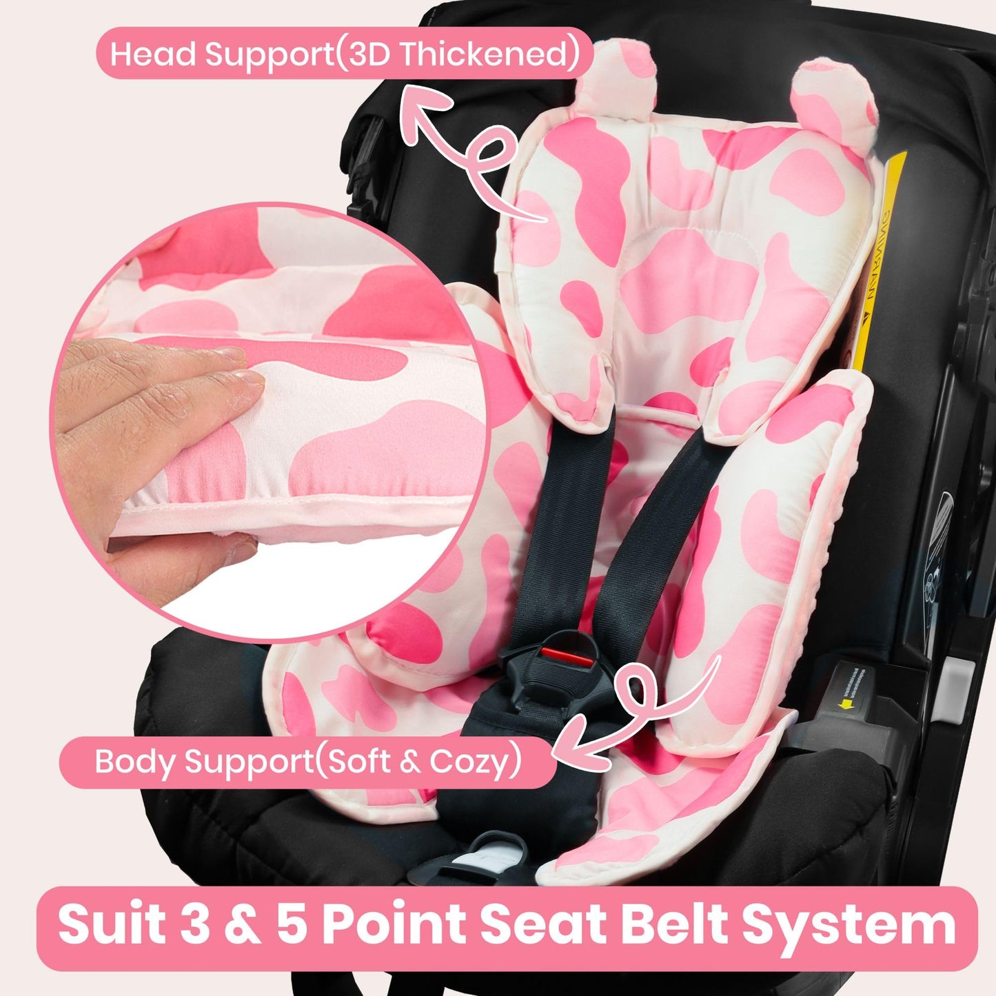 Honeau Baby 3In1 Car Seat Head Body Support,Reversible Cotton-Minnky Infant Car Seat Insert Newborn Boys Girls,Soft Breathable C