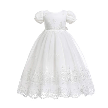 Glamulice Baby Girls Newborn Satin Christening Baptism Floral Embroidered Dress Gown Outfit Lace Formal Party Dresses Baby Girls