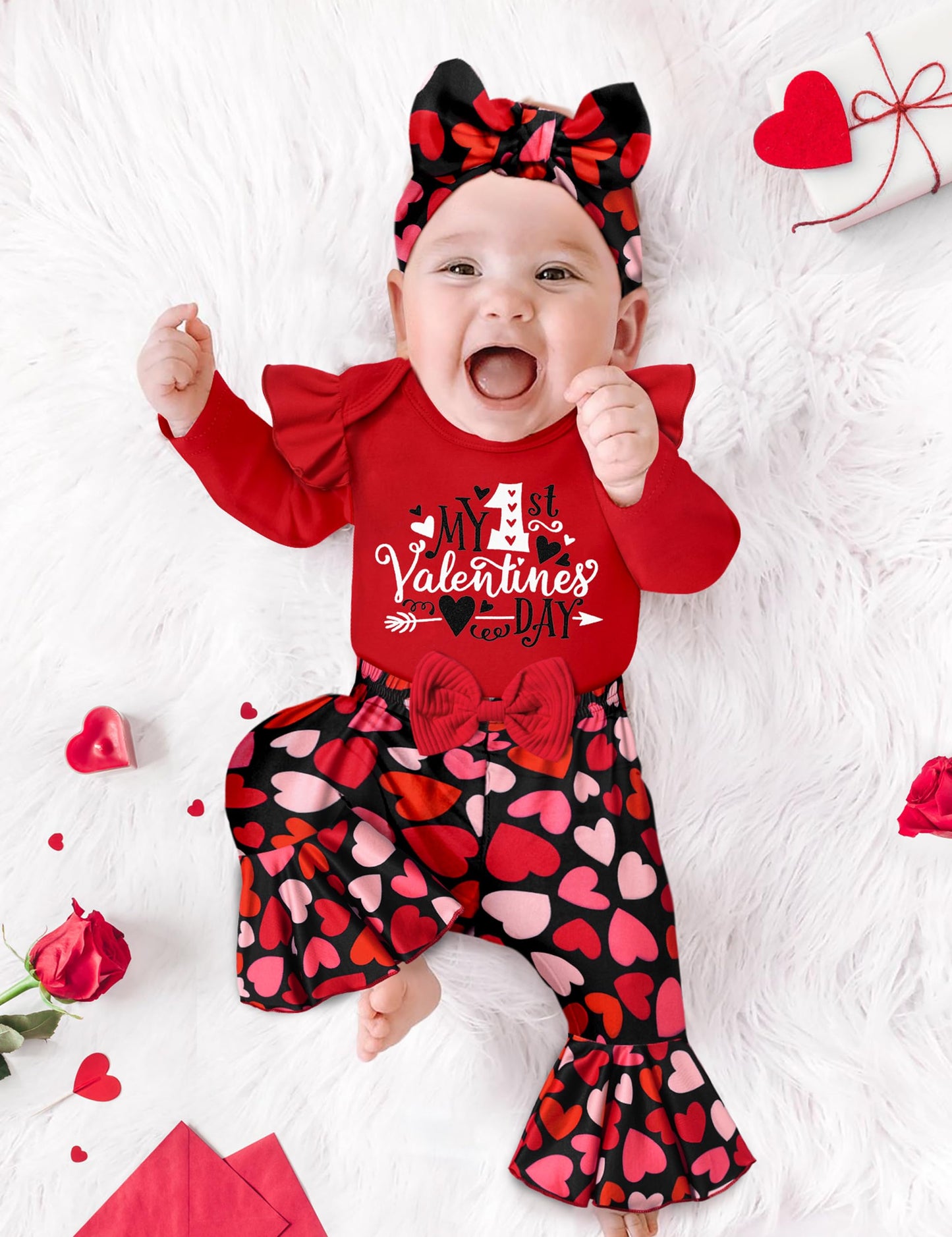 Adifun Baby Girl Valentines Day Outfit 0-3 Months My First Valentines Day Valentines Baby Girl Outfit Romper + Bell Pants 3Pcs S