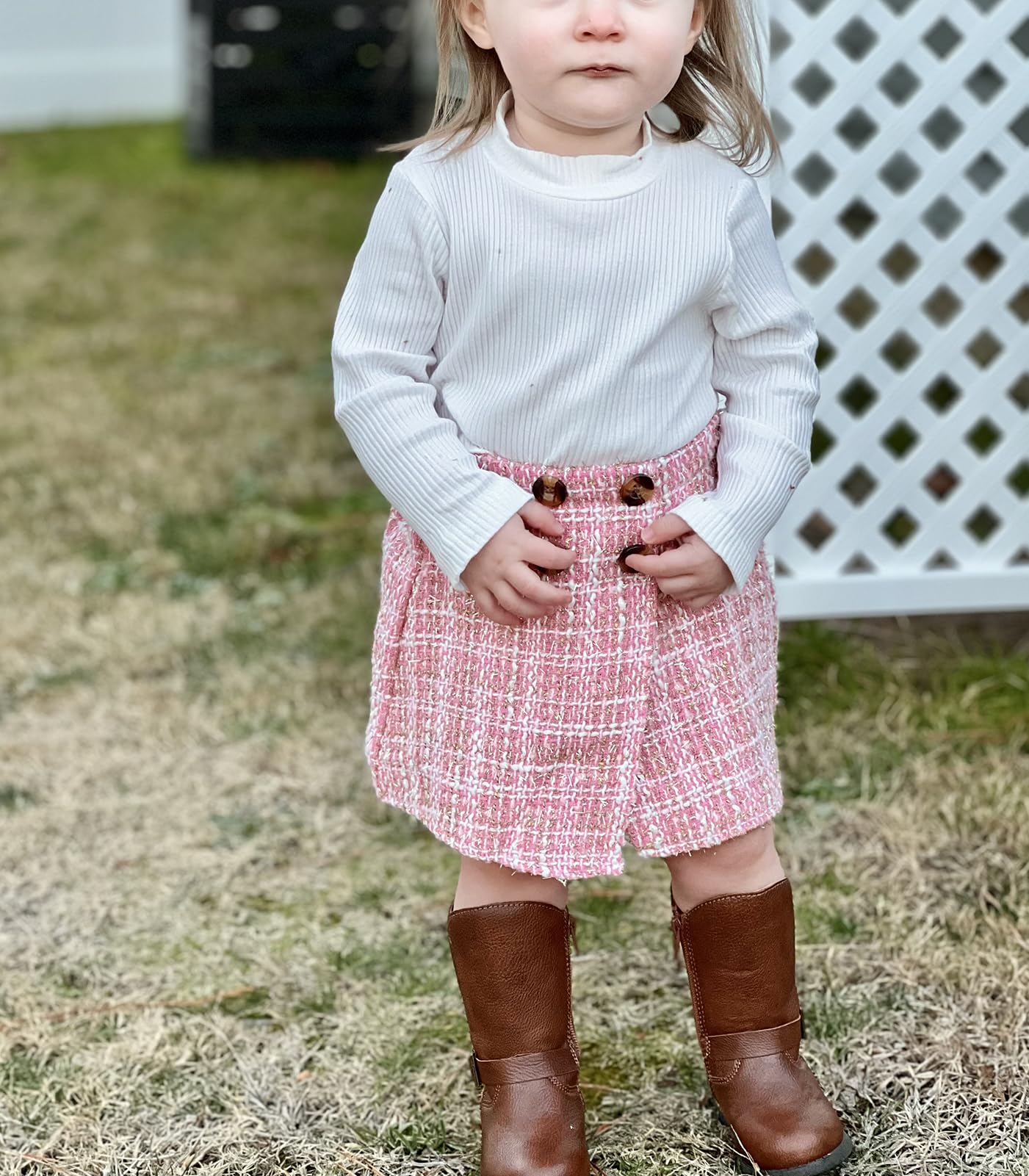 Visgogo Toddler Girl Skirts Outfit Ribbed Long Sleeve Tops Plaid Tweed Pattern Skirt Beret Fall 3Pcs Clothes (Pink, 12-18 Months