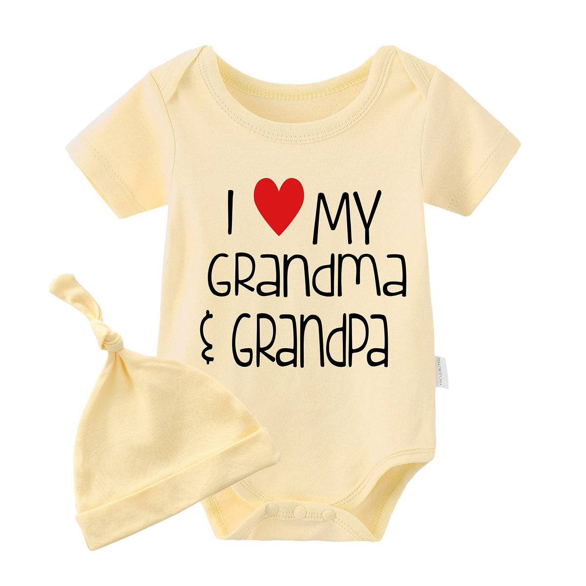 Ysculbutol Baby Twins Bodysuits I Love My Grandma And Grandpa Infant Baby Clothes Unisex Twin Romper Outfits With Hat, Yellow Ha