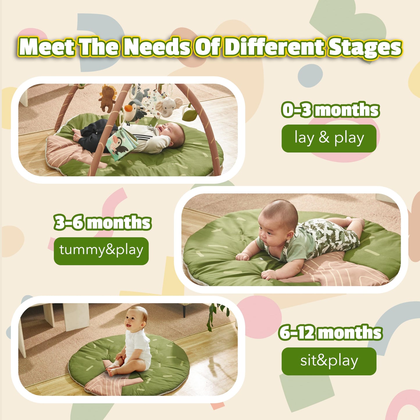 Tinitigies Baby Play Gym Mat - Jungle Safari Activity Mat With 8 Detachable Toys For Sensory Development - Thick, Oversized, Was