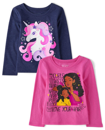The Children'S Place Baby-Girls And Toddler Assorted Everyday Long Sleeve Graphic T-Shirts,Multipacks Unicorn/Girls Hair 2-Pack