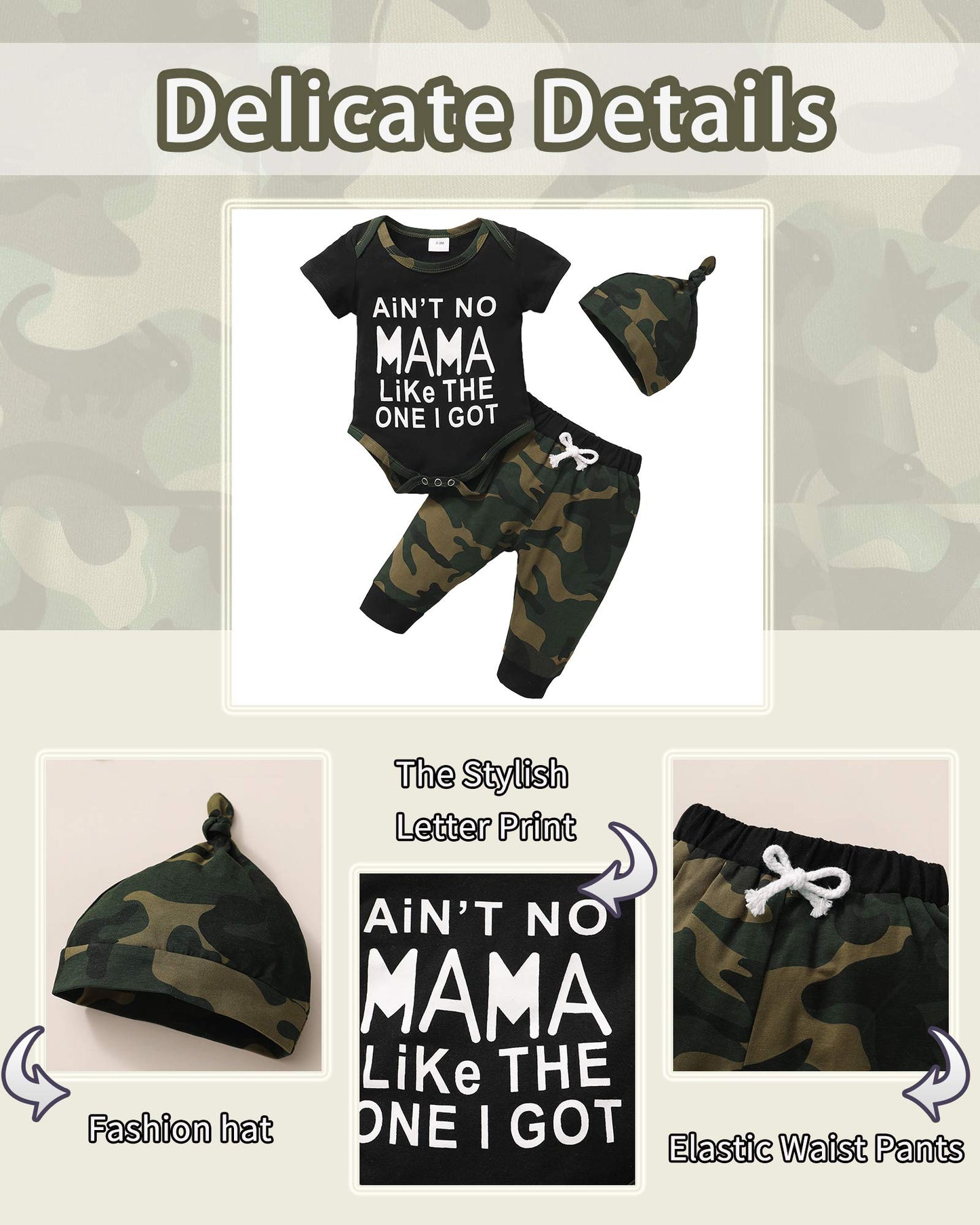 Nzrvaws Baby Boy Clothes 0-3 Months Infant Boy Outfit Summer Newborn Short Sleeve Romper Top Camouflage Long Pants Hat 3Pc Cloth