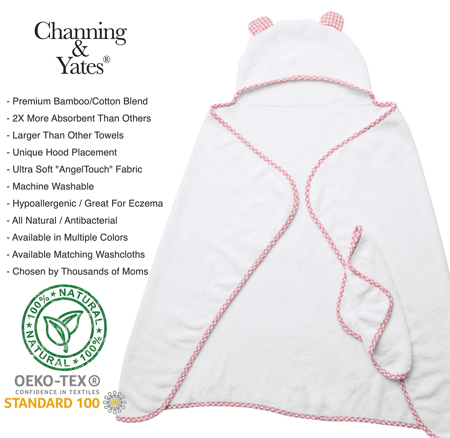 Channing & Yates Premium Boutique Hooded Baby Towels And Washcloth Set - Organic Viscose Made From Bamboo Baby Towel With Hood (