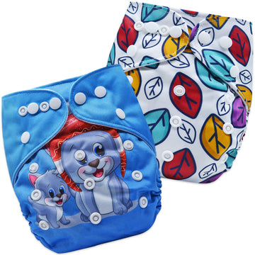 Bembika Cloth Diapers For Babies, Washable Reusable, Adjustable Sizes (2 Combo) (No Inserts Included) (Leaf + Baby Cat)