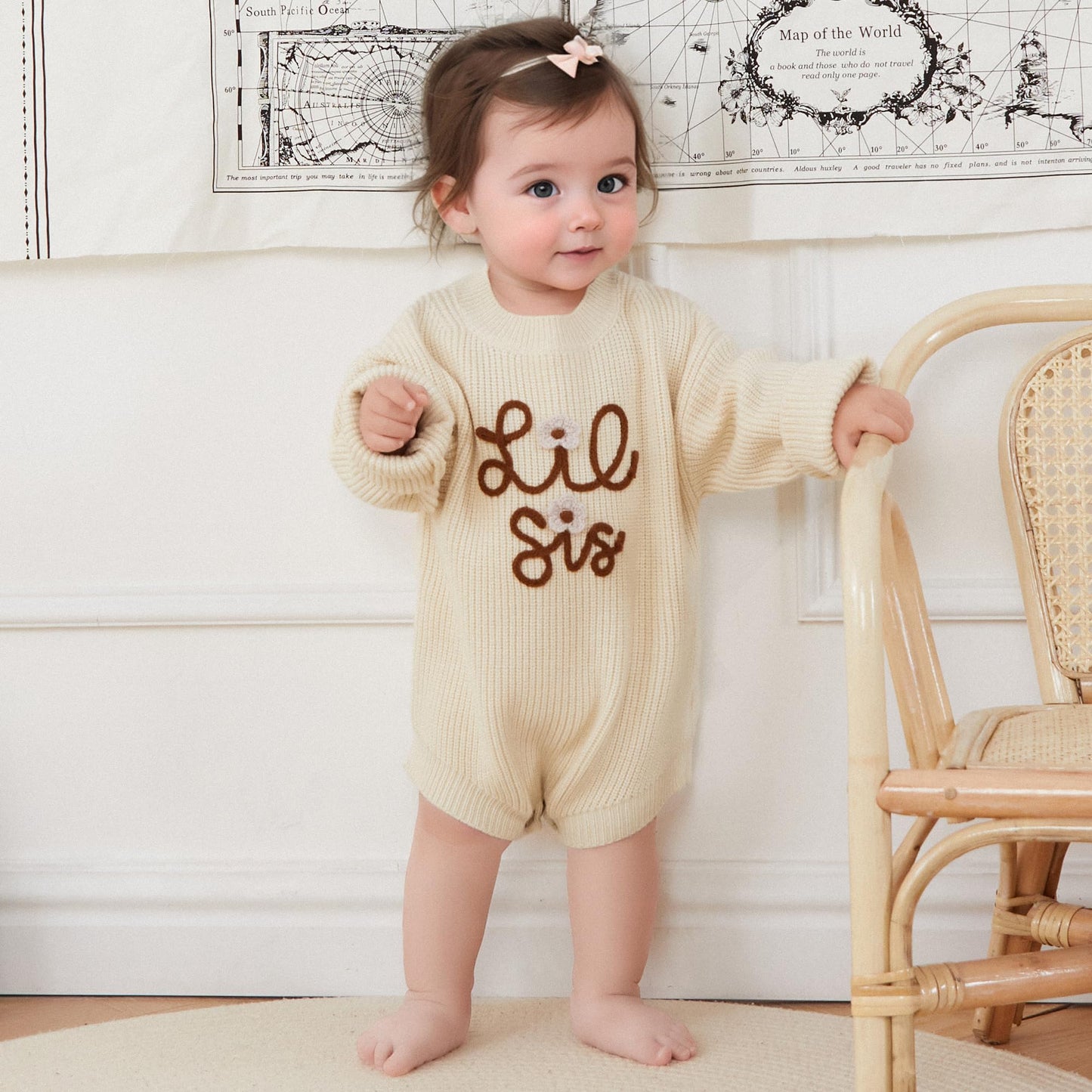Visgogo Big Little Sister Matching Sweater Baby Girls Knitted One-Piece Outfits Toddler Brother Sweatshirt Clothes (Beige-Lil Si