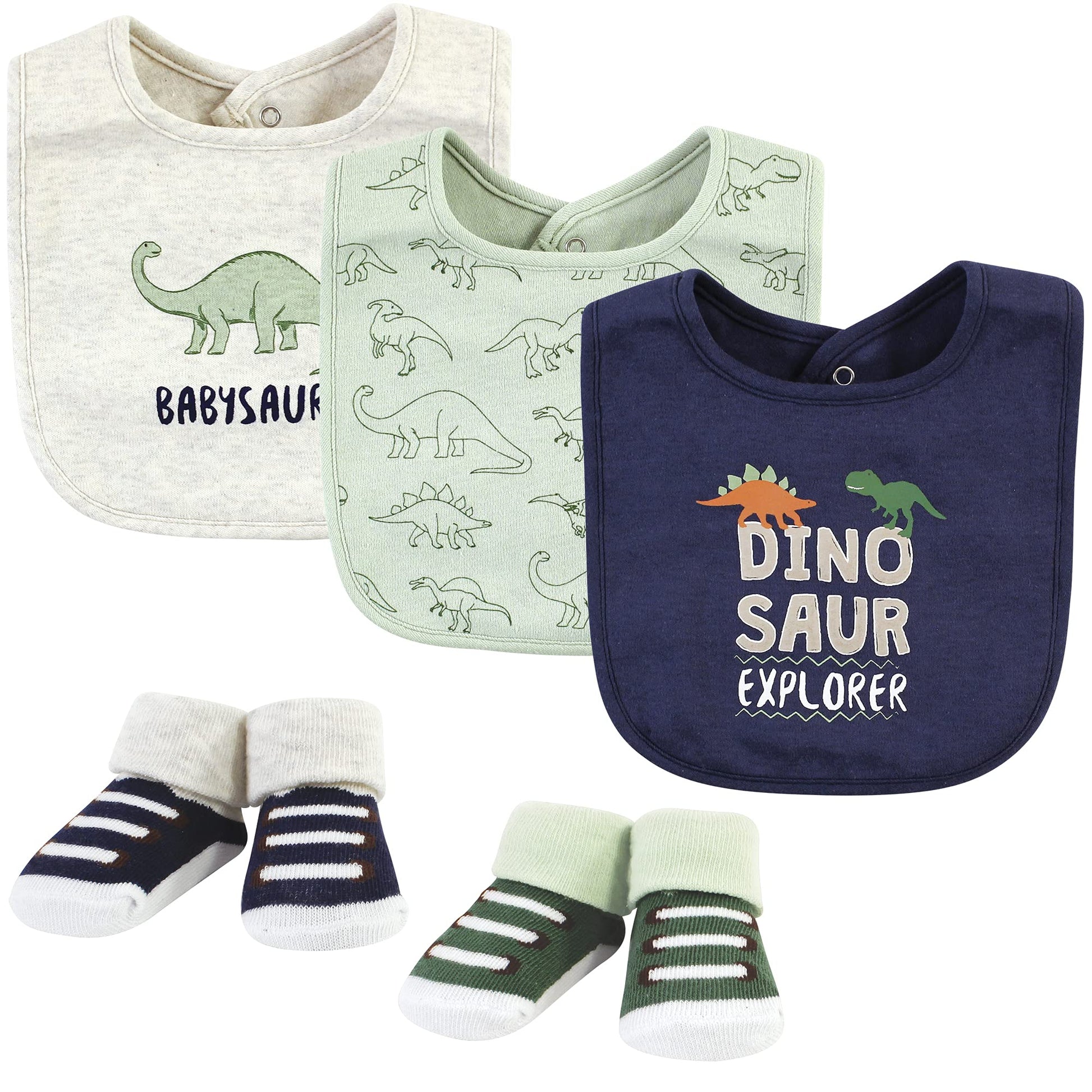 Hudson Baby Unisex Baby Cotton Bib And Sock Set, Dinosaur Explorer, One Size