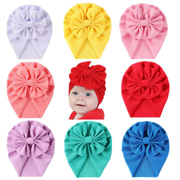 Cinaci 8 Pack Solid Knotted Bowknot Big Hair Bow Beanie Turban Hats Caps Wide Headwraps For Baby Girls Infants Toddlers Little K