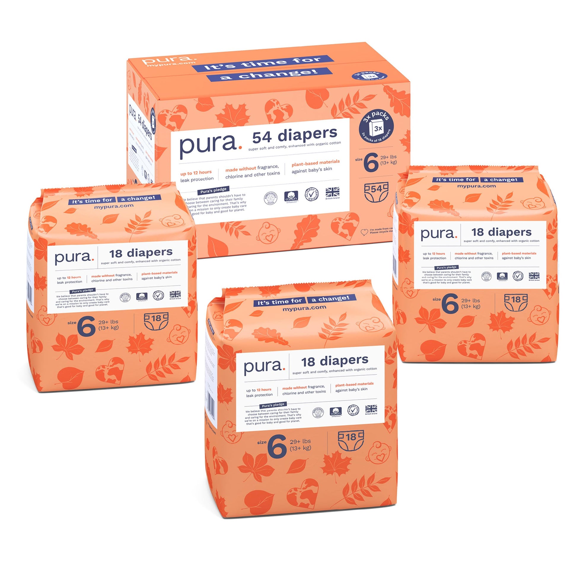 Pura Size 6 Eco-Friendly Diapers (29+ lbs) Hypoallergenic, Soft Organic Cotton, Sustainable, up to 12 Hours Leak Protection, All