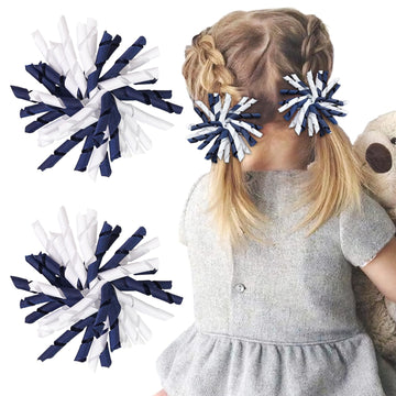 Yxiang 2Pcs Navy Blue Korker Bows For Girls 4'' Curly Bow Hair Clip Ribbon Ponytail Bows Alligator Clip Hair Barrette For Girls