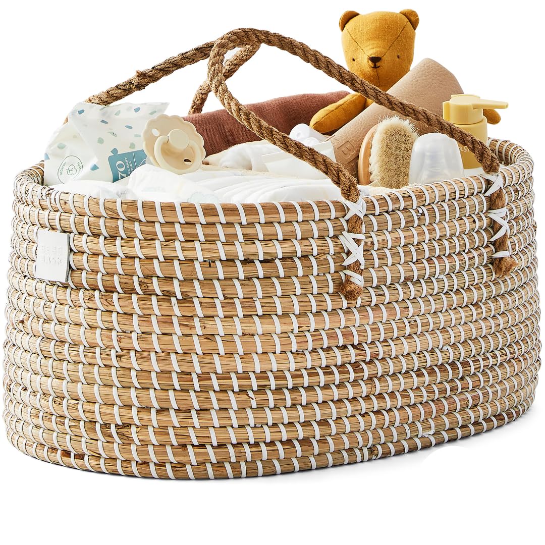 Bebe Bask Baby Diaper Caddy Organizer - Handmade Organic Seagrass - Luxury Diaper Caddy Basket - Cute Diaper Caddy For Baby Girl