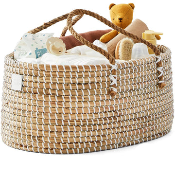 Bebe Bask Baby Diaper Caddy Organizer - Handmade Organic Seagrass - Luxury Diaper Caddy Basket - Cute Diaper Caddy For Baby Girl