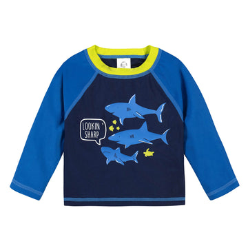 Gerber Baby Boy'S Toddler Long Sleeved Rashguard Swim Bathing Suit Set, Blue And White Sharks, 3-6 Months