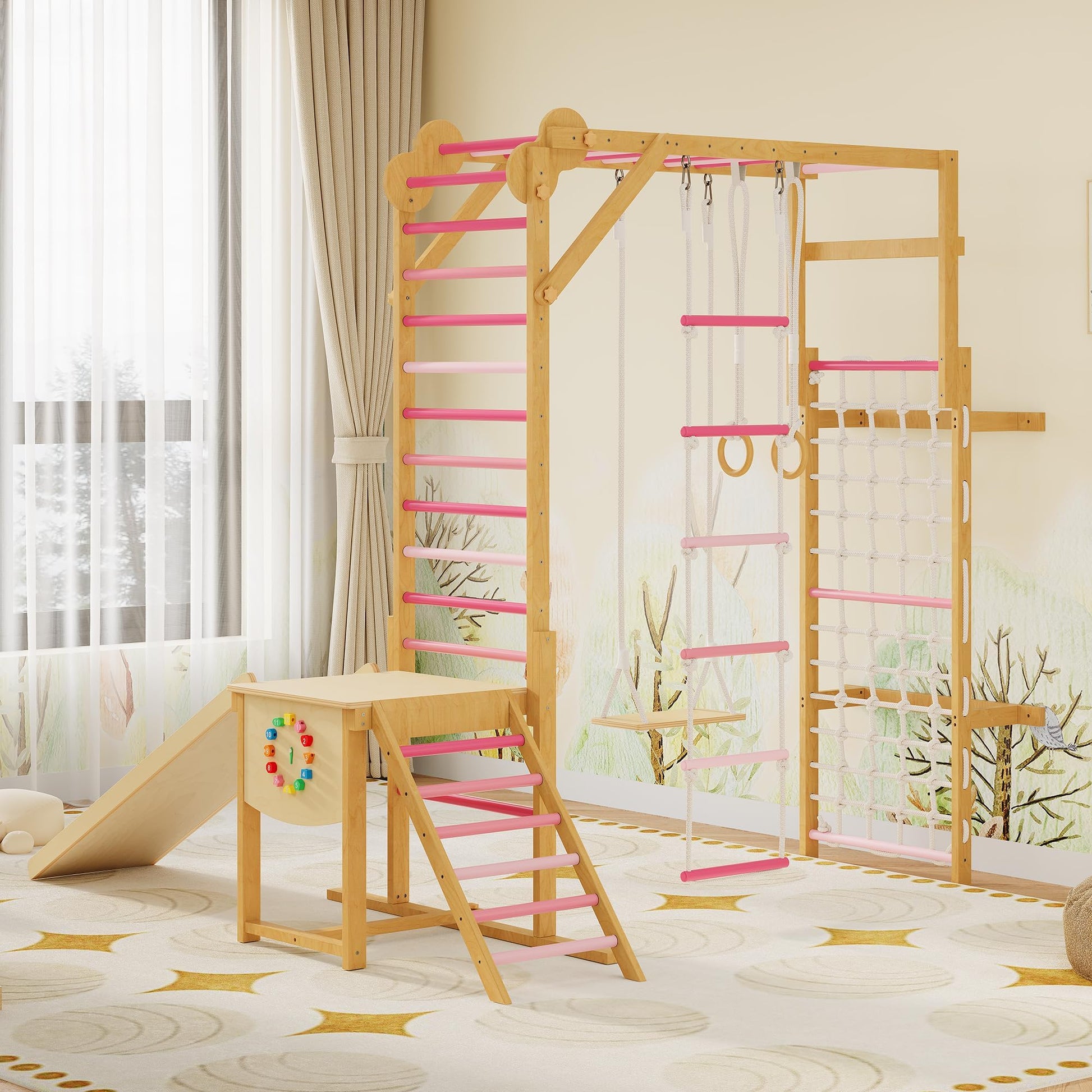 PeakPursuit 8-in-1 Indoor Jungle Gym for Kids Ages 3-10 - Wooden Climbing Structure with Slide, Swing, Monkey Bars, Gymnastic Ri