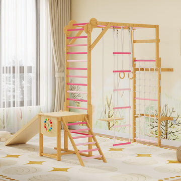 PeakPursuit 8-in-1 Indoor Jungle Gym for Kids Ages 3-10 - Wooden Climbing Structure with Slide, Swing, Monkey Bars, Gymnastic Ri
