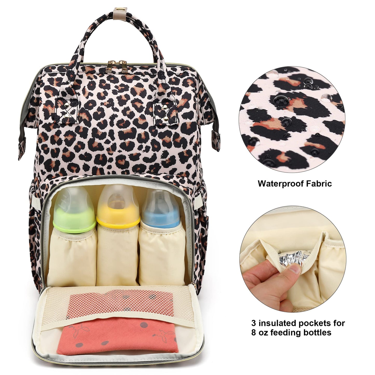 Xunteny Leopard Baby Diaper Bag Backpack For Girls Boys, Waterproof Large Maternity Nappy Bags For Mom
