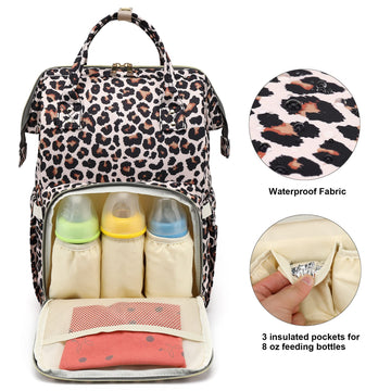 Xunteny Leopard Baby Diaper Bag Backpack For Girls Boys, Waterproof Large Maternity Nappy Bags For Mom