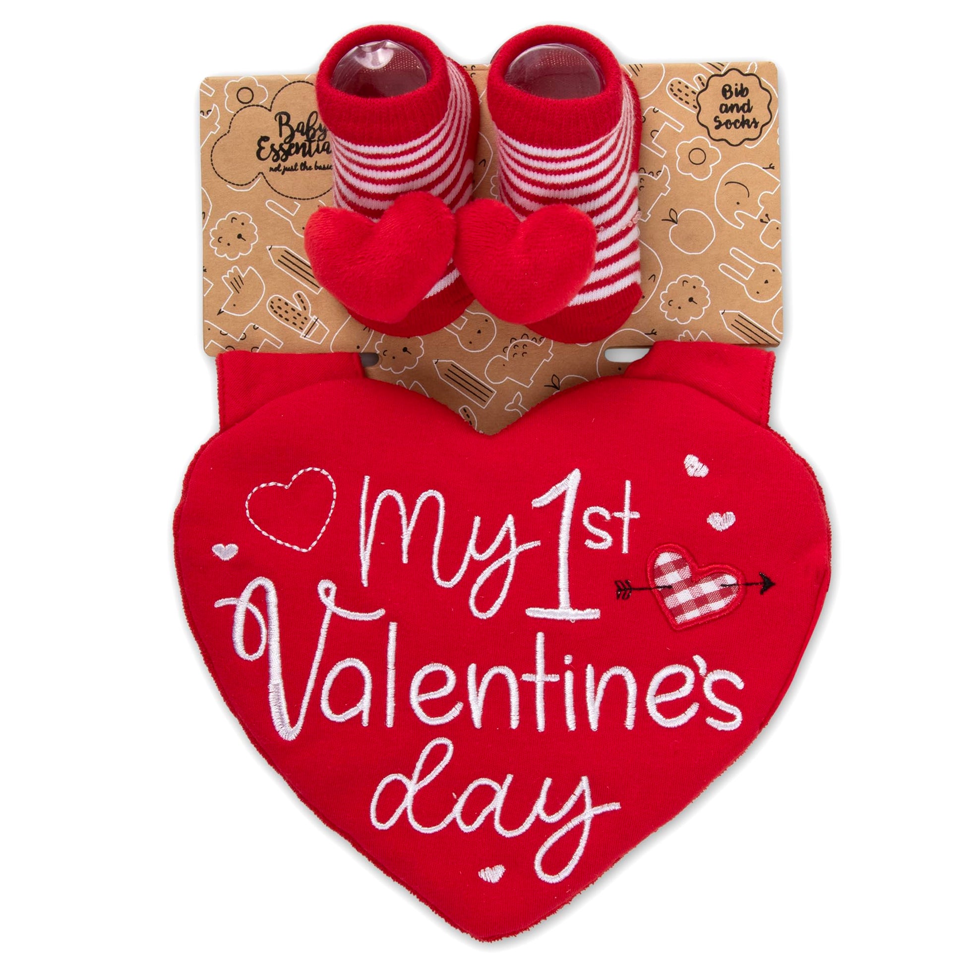 Baby Essentials Baby Girl My 1st Valentines Day Bib and Sock Set - Red Heart Bib with Rattle Booties, Perfect Valentine Gift for