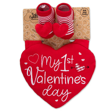 Baby Essentials Baby Girl My 1st Valentines Day Bib and Sock Set - Red Heart Bib with Rattle Booties, Perfect Valentine Gift for