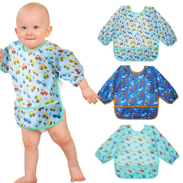 Lictin 3 Packs Baby Bibs For Boy Or Girl, Cute Long Sleeve Bib, Waterproof Bibs For Toddlers,Adjustable Closure Baby Smock, Mess
