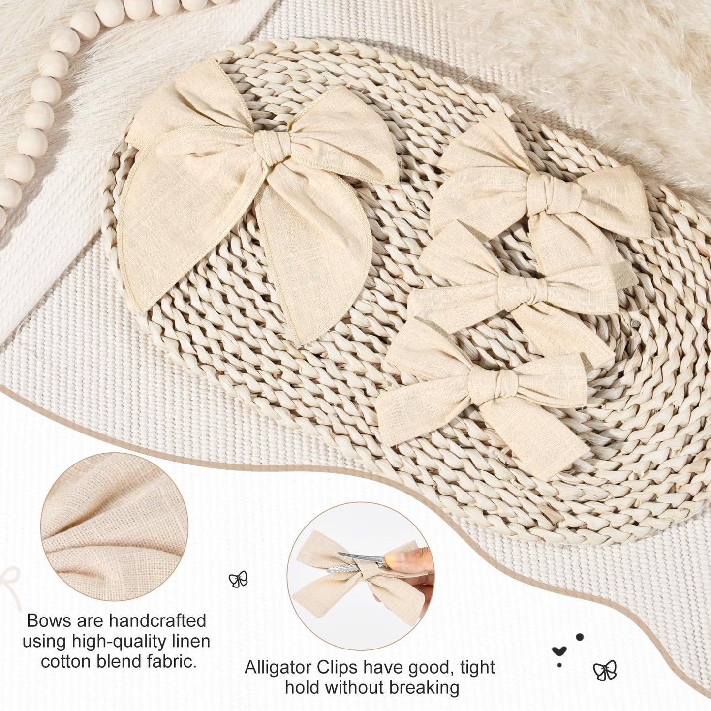 Deeka 4 Pcs White Cotton Linen Hair Bows 3 Styles 5' & 4' Handmade Hair Bow Set For Toddler Girls Alligator Hair Clips Knot Bo